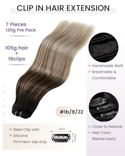 Image of LaaVoo Clip in Hair Extensions Real Human Hair Balayage Easy to Wear | Human Hair Clip In Extensions, Ombre Black To Light Brown Mix Light Blonde, 16 Inch 120g 7pcs, Damage-Free To Natural Hair