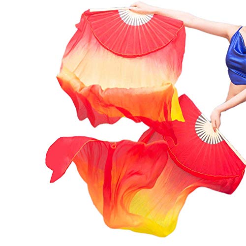 Yizhiwu Women Chinese 1 Pair 100% Silk Belly Dance Fan Veils Flame Colors