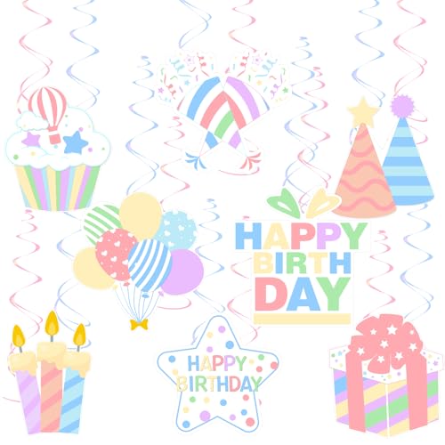 Fangleland 24Pcs Pastel Happy Birthday Hanging Swirl Decorations, Colorful Macaron Cupcake Balloons Candles Foil Swirls Ceiling Streamers Party Decorations Supplies