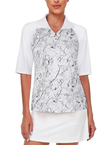 Golf Shirts Women,Cucuchy Loose Fit Activewear Polos Elbow Half Sleeve 1/4 Zip Up Golf Tops Quick Dry Lightweight Moisture Wicking Sun Protection Sports Clothing Marble White XL