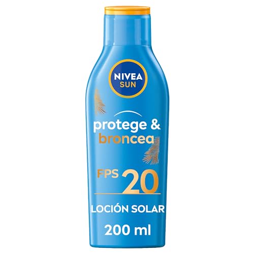 NIVEA SUN Protege & Broncea Leche Solar Activadora del Bronceado FP20 (1 x 200 ml), potenciador del bronceado resistente al agua, crema bronceadora con protección solar alta