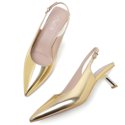 Image of Mostrin Kitten Heels for Women Pointed Toe Pumps Patent Leather Low Heel Slingback Heels with Buckle Dress Shoes for Dating Party Working