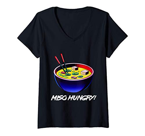 Mujer Sopa japonesa Miso Hungry Kawaii Misoshiru Pasta de caldo Camiseta Cuello V
