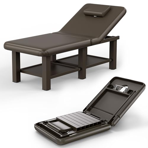Olela Heavy Duty Folding Massage Table - Wide Stationary Massage Table with Adjustable Backrest & Storage Physical Therapy Table with PU Leather and Metal Frame Support to 660LBS