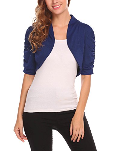 ELESOL Women's Short Sleeve Shrug Sweaters Open Front Casual Cardigan Bolero Jacket Navy Blue S