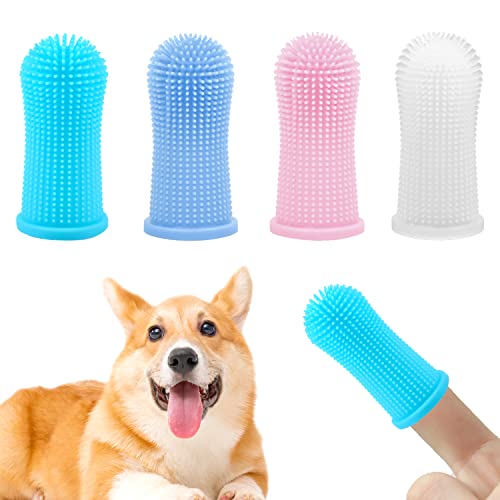 Brosse à dents pour chien 4 pièces, brosse à dents pour chien en silicone non toxique, doigt à 360 °, brosse à dents pour chat, brosse à dents pour chien, chat, chiot, soins dentaires, santé Cover