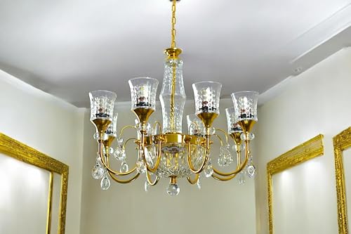 Image of Prop It Up Crystal Glass Chandelier, 8+1 Lights, Gold-Plated Metal Frame with Hanging Crystals, Traditional Design, Without Bulb