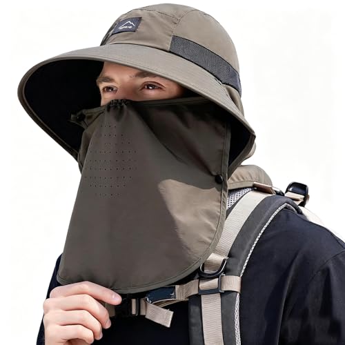 Image of Rosoz Outdoor Sun Hat for Men Women, UPF50+ Protection Safari Cap Wide Brim Mesh Fishing Hat with Neck Flap Beach Garden
