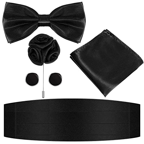 5 PCS Mens Cummerbund Bow Tie Set, Include Cummerbund, Bow Tie, Pocket Square, Cuff Links, Flower Lapel Pin for Party Wedding (Black)