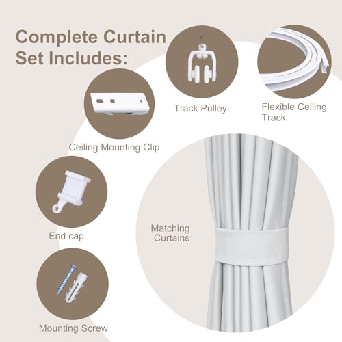 Image of Room Divider Curtains & Flexible Bendable Tracks Set,Privacy Dividers Ceiling Track Curtain Window Blackout Curtains for Living Room Bedroom (W180 x H108 In 1 Panel White Drape & White Rail)