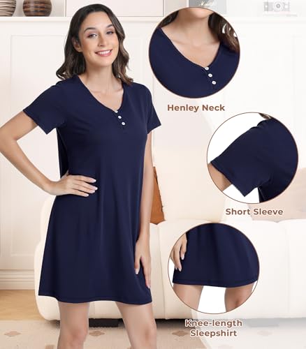 Image of NACHILA Women's Nightgowns-Viscose Made from Bamboo, Soft Sleepwear V Neck Sleepshirt Short Sleeve Loungewear Cool Sleepdress