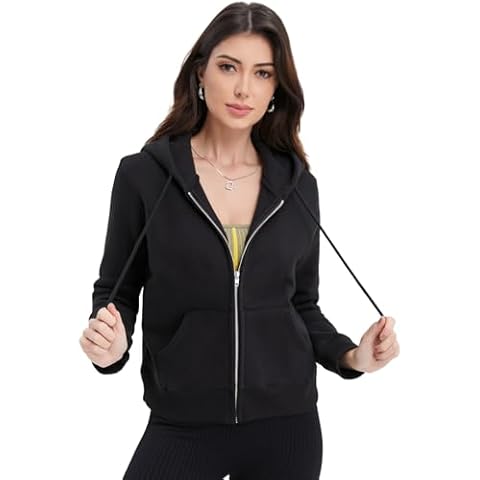 SPRUCE INT Womens Zip Up Cropped Hoodie Trendy Fall Sweatshirts Winter Fleece Cotton Comfy Long Sleeve -Black Cover