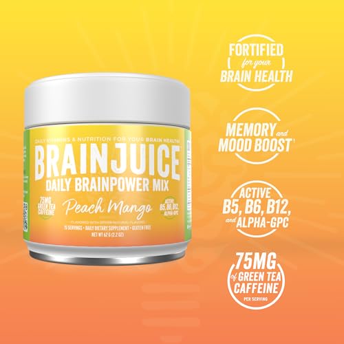 Image of BrainJuice Nootropics Brain Support Supplement, Gluten Free Powder for Energy and Focus, Drink Mix with L Theanine, Alpha GPC, Vitamin B, Organic Green Tea Extract (Peach Mango)