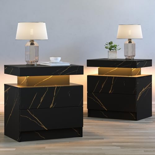 Cubehom LED Nightstands Set of 2, Modern End Table with 2 Drawers, End Tables for Living Room Bedroom Black