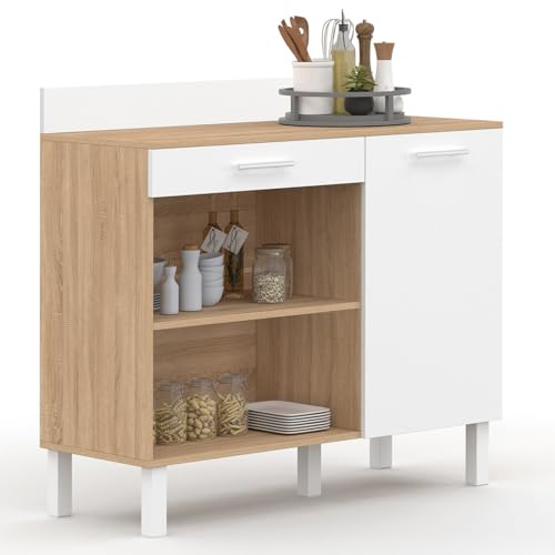 IDMarket - Buffet Bas de Cuisine 100 cm CINA Plan de Travail H.83 cm 1 Porte + 1 tiroir façon hêtre et Blanc