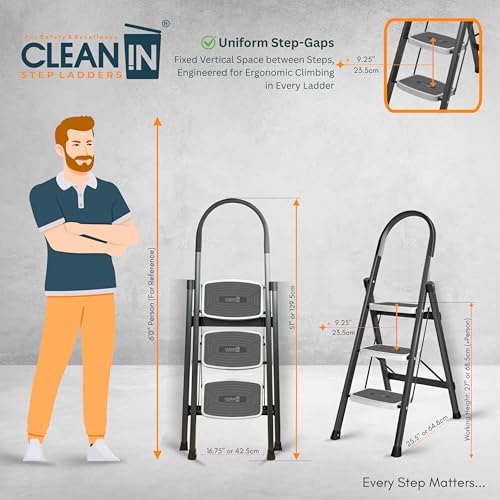 Image of CLEAN IN 3 Step Premium Foldable Household Steel Ladder ~ for Home, Garage, Kitchen. Wide & Anti-Skid Steps, 150 kg Load Capacity, Reinforced Hinges ~ (Shades of Grey)