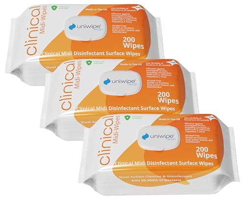 Uniwipe Clinical Midi-Wipes, Antibacterial, Sanitising, Kills 99.999% of Germs, 200 Count (Pack of 3)