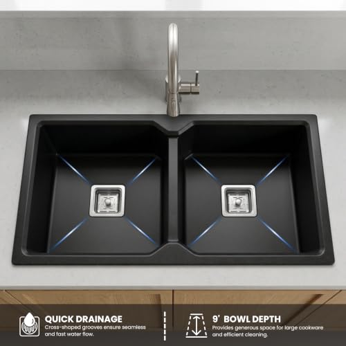 Image of GLOXY Premium Quartz Granite Double Bowl Kitchen Sink 45x20x9 Inch - Black Matte Finish Double Bowl Quartz Sink With Drainer Basket, Coupling Hose Pipe - Scratch Resistant Undermount & Topmount Sink