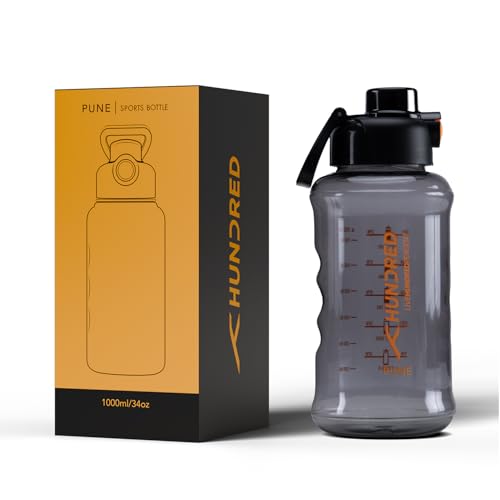 Image of Hundred Pune 1 Litre Water Bottle | 1000ml / 34oz | BPA Free | One Key Open Safety Lock | Spill and Leak Proof Sports, Travel, Gym Bottle (Black /Black)