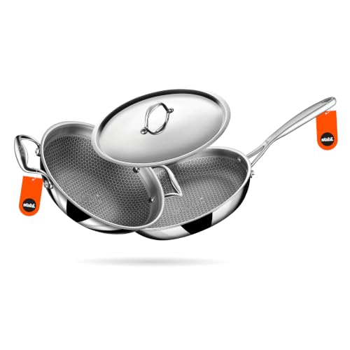 Image of Stahl Artisan Hybrid 3 Piece Triply Stainless Steel Cookware Set | Kadhai 24cm + Fry Pan 24cm + Stainless Steel Lid | Induction & Gas Compatible | Non-Stick Honeycomb Hybrid Cookware Combo