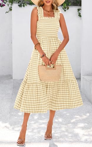 Image of PRETTYGARDEN Women's Summer Dress Casual Ruffle Strap Gingham Midi Sundress | Square Neck, Smocked Boho Dress, Flowy A Line, Homecoming, Party, Maxi Sun Dresses for Beach Vacation