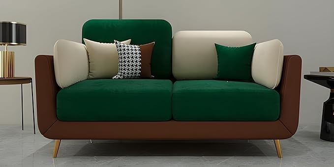 Image of Velvet Contemperory Sofa with Cushion Chaise Lounge Sectional Sofa Perfect for Living Room & Bedroom Guests Home & Office (Green & Beige, Two Seater)
