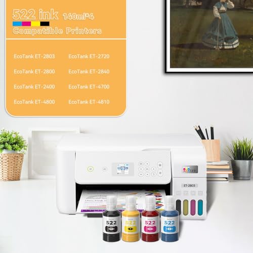 522 Ink Refill Bottles, Compatible Refill Ink Replacement for Epson Ecotank ET-2800 ET-2720 ET-2803 ET-4800 ET-4700 etc. Eco Tank Printers, High Capacity T522 EcoTank Printer Ink Refills - Thumbnail 2