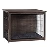 DWANTON Dog Crate Furniture with Cushion, Wooden Kennel Table with Double Doors, Indoor Dog House, Medium Size, 32.5″ L, Dark Gray