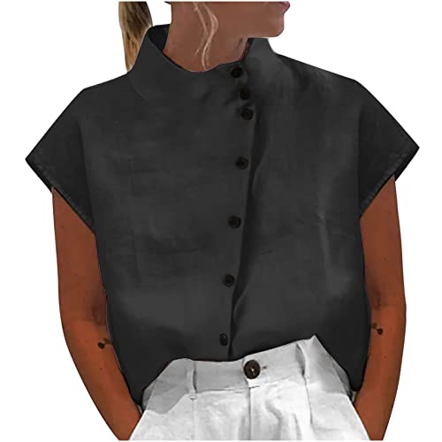 Womens Tshirts Cotton Linen High Neck Cap Sleeve Shirt Summer Fashion Casual Cotton Linen Blouses...