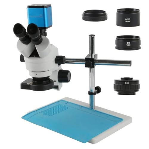 Microscope 3.5X-90X Simul Focal Parfocal Trinocular Stereo Microscope w/2MP 1080P 60FPS Auto Focus HDMI Video Camera for PCB SMD SMT, Adjustable Metal Arm B(White)