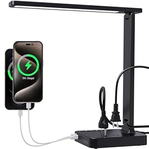 cozoo Desk Lamps for Home Office,Modern LED Desk Lamp for Dorm with 2 USB Charging Ports/Type C Port,2 AC Outlets,3 Lighting Mode,3 Level Brightness,Touch Control/Timer/Eye-Caring Foldable Table Lamp