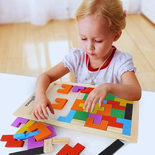 Image of FUN4YOU-Wooden Intelligence Puzzles Toy for Kids 3+ | Educational Wooden Tetris Puzzle Brain Teaser Puzzle for Brain Development & Logical Thinking | Montessori Learning Toy-40 Pcs, Multi Color