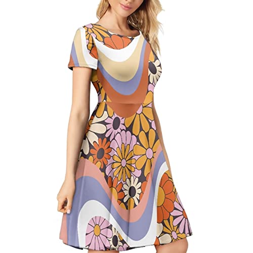 Image of POLERO Women Puffy Swing Elegant Party Midi Dresses Short Sleeve Round Neck A-Line Dress