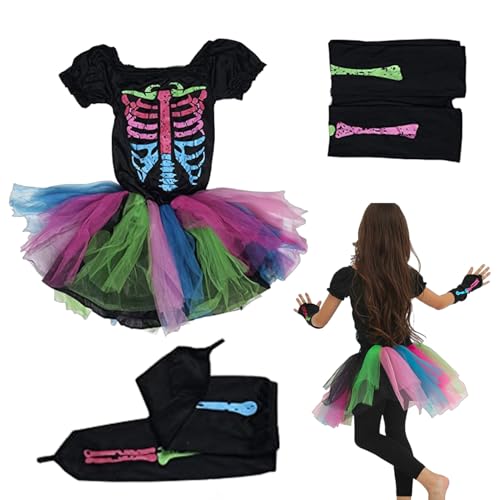 Disfraces para niñas - Vestido | Disfraz de esqueleto para niña | Tela de esqueleto para niños | Ropa de Halloween fantasmal para niños, tela colorida de calavera | Vestido de calavera para niñas
