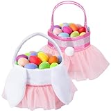 Shupakul 2 Pcs Easter Bunny Baskets for Kids- Cute Tutu Easter Eggs Baskets with Handle- Fluffy Rabbit Ears Easter Bags for Easter Decorations, Party Favors Stuffers Gifts (Eggs NOT Included)