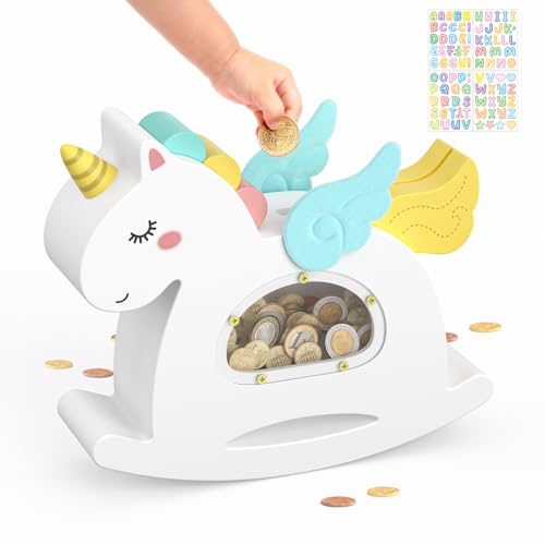 Summidate Tirelire licorne pour enfants et filles - Cheval à bascule en bois incassable - Jouet cadeau personnalisé pour les anniversaires d'enfants et la...