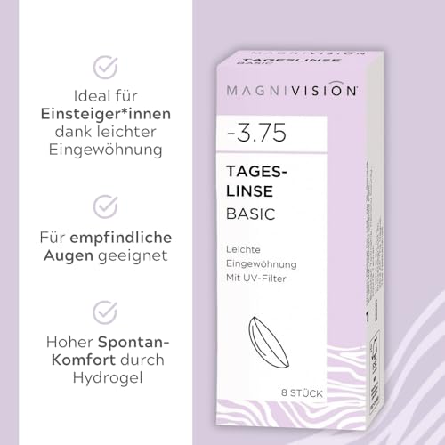 MAGNIVISION Tageslinsen Basic weiche Kontaktlinsen für -2,25 dpt. | 8 Stück | BC 8.6 | DIA 14.2 | Kontaktlinse mit Hydrogel und UV-Filter für ein angenehmes Tragegefühl | ohne Konservierungsstoffe