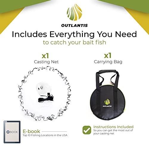 Outlantis 6Ft American Cast Net Saltwater Freshwater + Professional Storage Bag + E-Book & Instructions - 3/8Inch Monofilament Mesh - Fishing Net - Cast Nets For Fishing - Casting Nets For Baitfish #TOP3