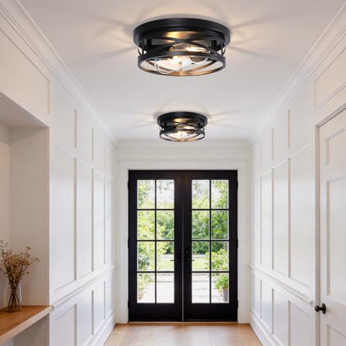 COTULIN Farmhouse Black Flush Mount Ceiling Lights 2 Pack, Industrial Metal Cage Hallway Round Light fixtures with Rustic Light fixtures for Living Room Bedroom, Hallway, Kitchen (2-Light) by COTULIN - Image 3