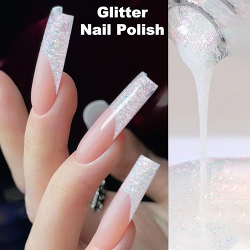 Sparkling White Nail Polish - 15ml Holographic Pink Glitter Nail Polish - Reflective Sparkle Shiny Pastel Nail Varnish Quick Dry - Long-Lasting Shimmer and Iridescent Effect and No Need Baking - Image 5