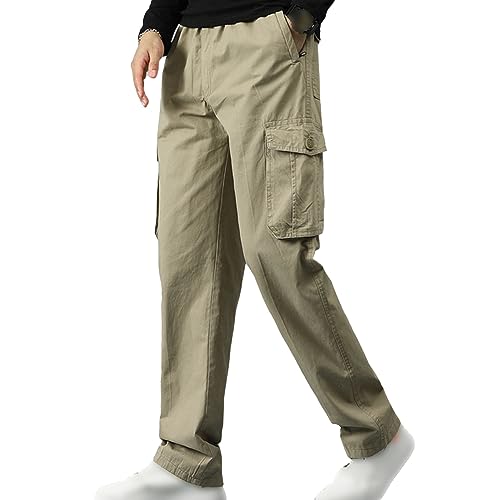 Mens Relaxed Fit Casual Pants Straight Leg Loose Fit Cargo Trouser Elastic Waist Tactical Pants Multi Pockets (X-Large,Khaki)