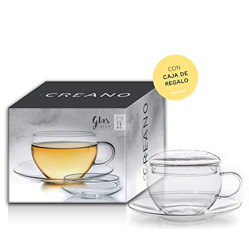 Creano Taza de Vidrio con Platillo y Tapa, Práctica para los Tés de Floración, ExqusiTea, Capuchino, Latte Macchiato… - Imagen 6