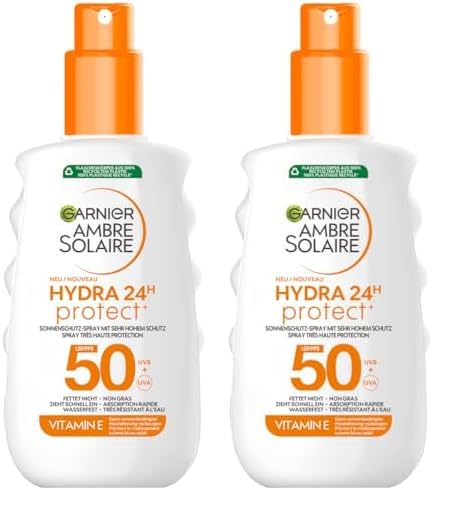 Garnier Ambre Solaire Hydra Protect+ 24h LSF 50 Sonnenschutz-Spray, Schutz vor UVA und UVB, mit Vitamin E, 150 ml (Packung mit 2)