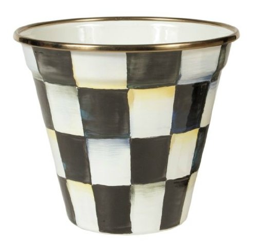 MacKenzie-Childs Stainless Steel Round Deep Pot – Enamel Courtly Check Black and White Print Gardening Pot - 4" Tall – 16 oz