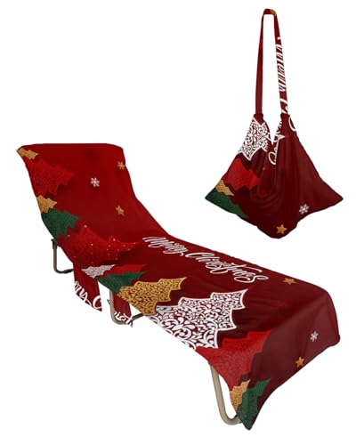 Christmas Tree Beach Chair Towel Covers for Chaise Lounge with Side Pocket, Soft Plush Pool Towels Cover for Patio Sunbathing Outdoor 29''x85'' Modern Xmas Geometric Tree Red