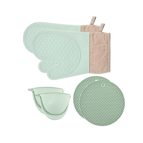 Oven Mitts and Pot Holder 6pcs, UNOSCHRIM Silicone Oven Gloves with Silicone Trivet Mats and Mini Oven Gloves, Multipurpose Heat and Slip Resistant BBQ Gloves for Kitchen Cooking or Baking, Green