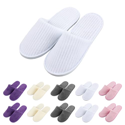 GOEDCH 10 paires de pantoufles en polaire corail : 5 couleurs pantoufles spa, pantoufles d'invités, pantoufles lavables en velours de coton unisexe,...