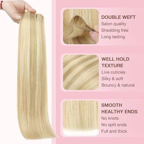 Image of GOO GOO Sew in Hair Extensions Real Human Hair, Weft Hair Extensions Human Hair, 18A /613A Dark Blonde Highlighted Bleach Blonde 22inch 110g, Weft Bundles Straight Silky Remy Hair