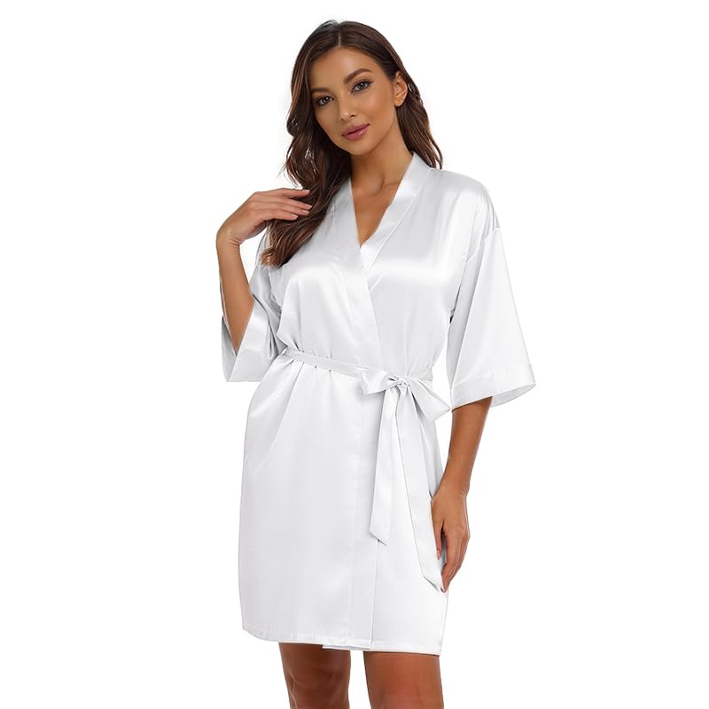 Image of Women's Bride Bridesmaid Robes Short Satin One Size Silver Rhinestones Wedding Party Getting Ready Sleepwear