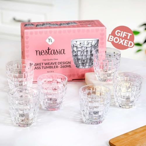 Image of Nestasia Transparent Small Juice Glasses Set of 6 (260 ml Each) - 100% Food Safe & Dishwasher Safe Basket Weave Textured Tumblers - Ideal for Water, Tea, Coffee & Refreshments - Perfect for Gifting